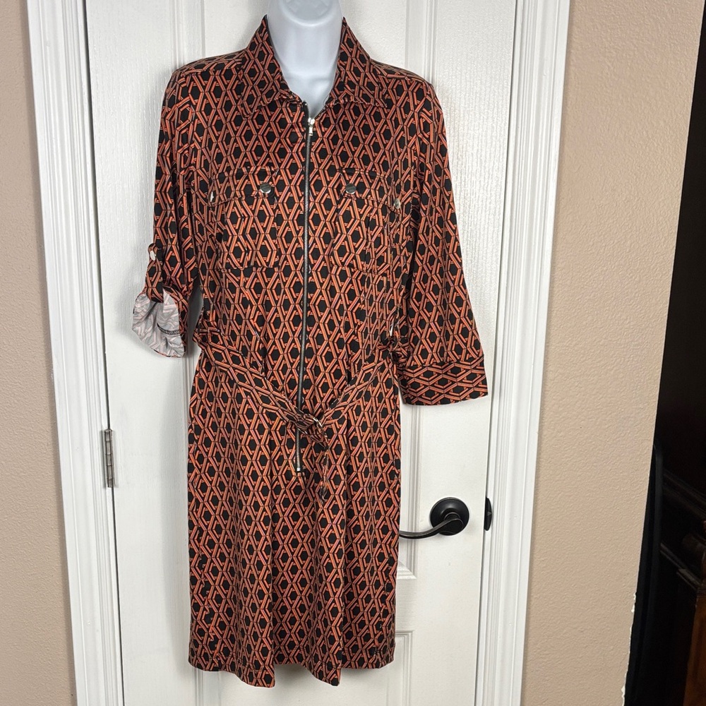 NY‎ Collection Women's Tab Sleeve Zip Up Orange/Black Geometric Dress Size S NWT